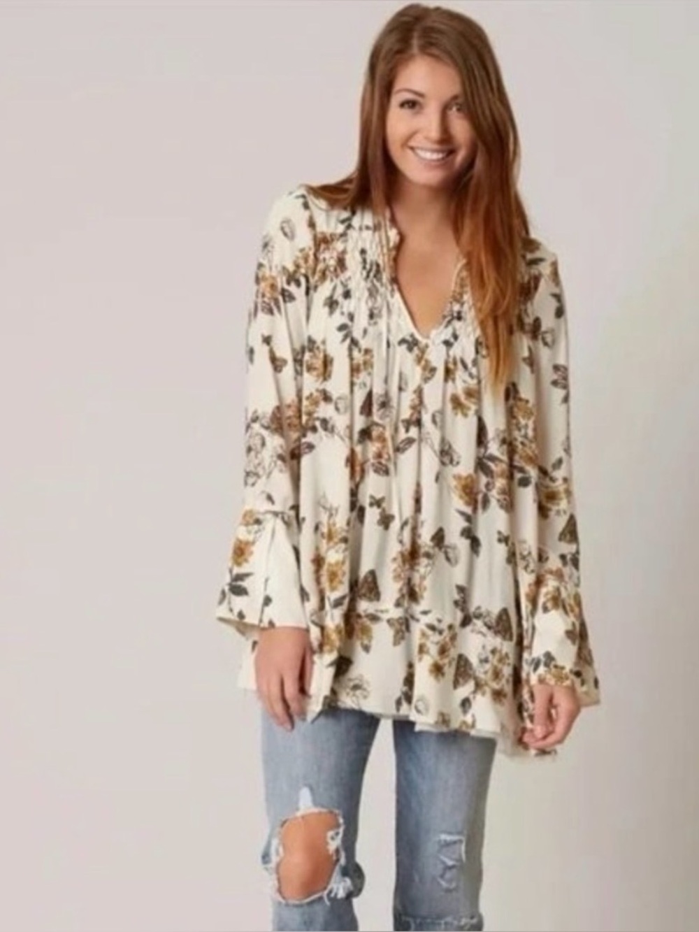Free People Pebble Crepe So Fine Smocked Tunic Top Ivory Butterfly XS